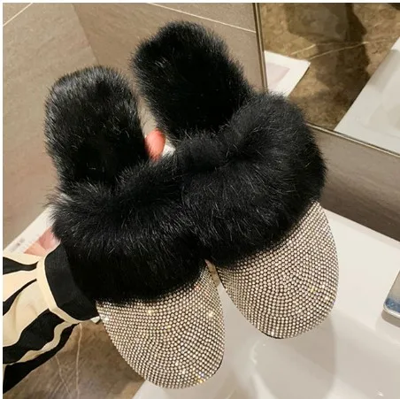 

Ladies Round Toe Designer Shoes 2021 Rhinestone Fur Crystal Slippers Diamond Mules Flats Woolen Slippers Women Winter, Green, black, khaki