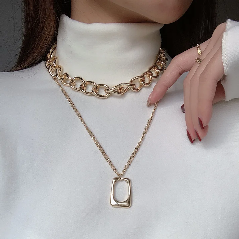 

Hip Hop Jewelry Gold Plated Cuban Chain Necklace Nickle Free Multi-Layered Sweater Coin Geometric Necklace For Women