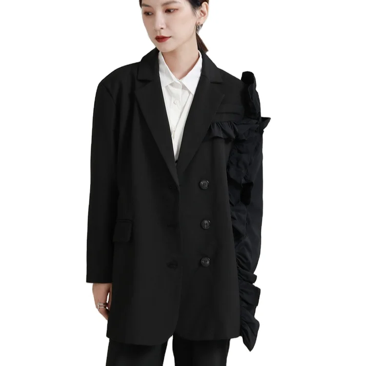 

2420 Black Suit Jacket Female 2021 Autumn And Winter New Design Color Blocking Patchwork Casual Small Suit