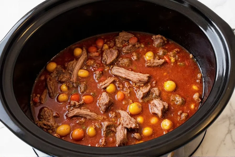 Slow cooker with brisket chili showing tender meat chunks in rich broth