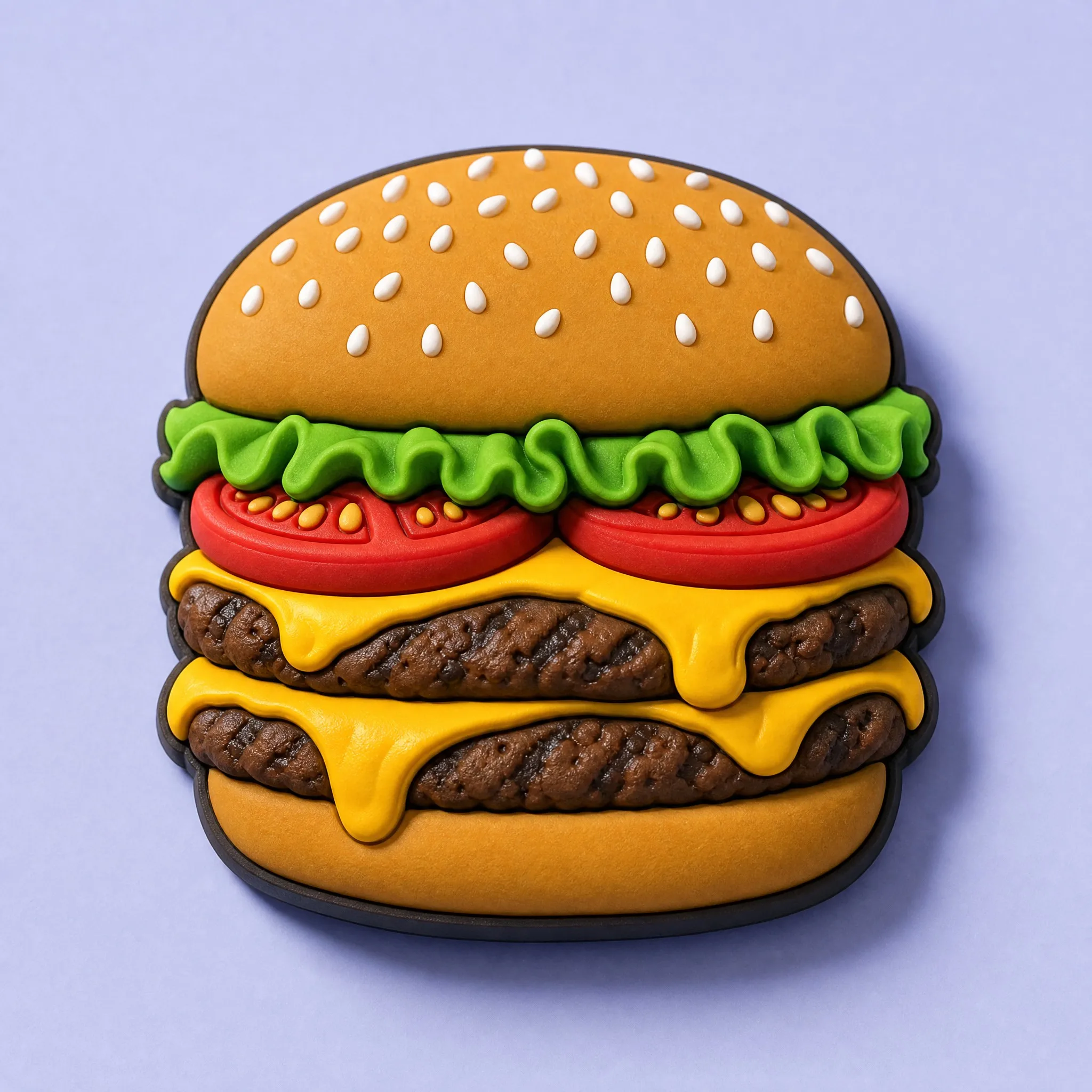 Frontal View of 3D Soft PVC Double Cheeseburger Magnet with Sesame Bun and Melted Cheese