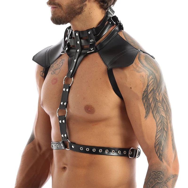 

Cheap Mens Fancy Body Chest Harness Black Faux Leather Halter Neck Adjustable Buckles Body Chest Harness