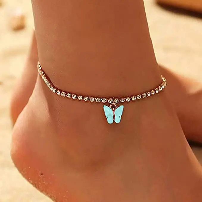 

2021 Fashion Tassel Foot Ornament Beach Rhinestone Small Butterfly Anklet for Women, Picture shows