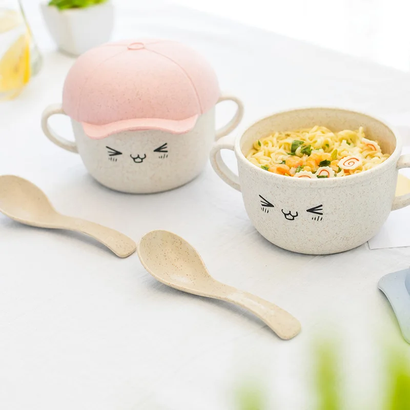 

Creative Mini Cute Rice Bowl Simple Cartoon Food Storage Container For Kids Children Baby Wheat Straw Lunch Box, Pink/green