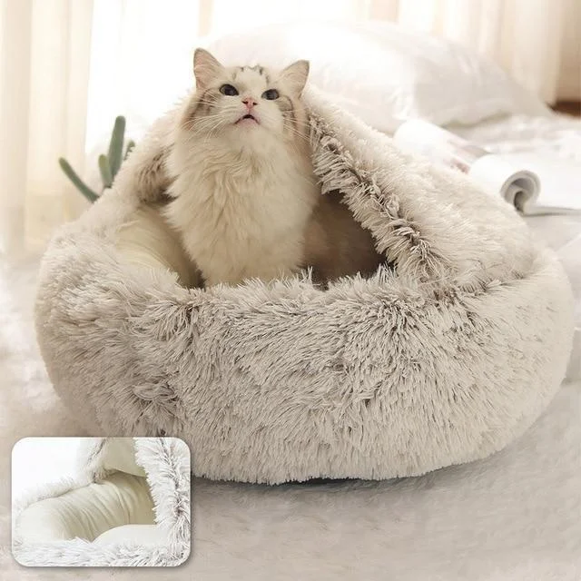 

Custom Non Slip Winter Warm Soft Plush Dog Cat Round Small Designer Sofa Nest Cave Comfy Calming Fluffy Luxury Pet Beds, Multiple color