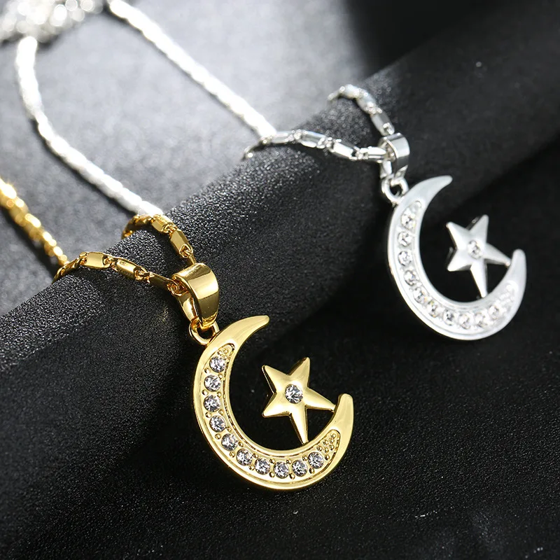 

Fashion Jewelry Shiny Rhinestone Pentagram Choker Necklace 18k Real Gold Plated Star Moon Pendant For Women