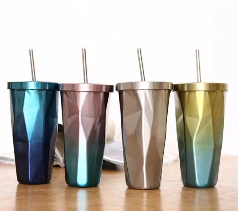 

500ML Double Wall Stainless Steel Gradient Diamond Shaped Vacuum Insulation Bottle Tour Coffee Mug With Straw