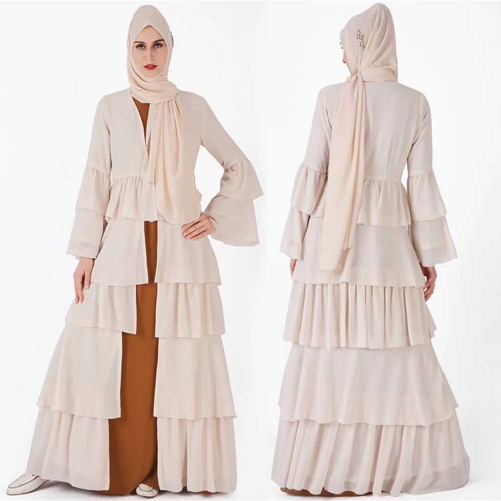 

2021 new women's long chiffon cardigan abaya Muslim dress, Black, white, champagne