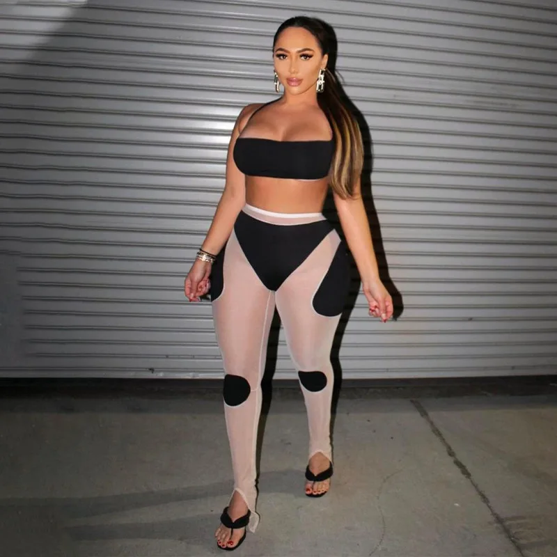 

H6180 - Pants And Crop Top Sexy Fashion Mesh Patchwork Sleeveless Womans 2 Piece Set