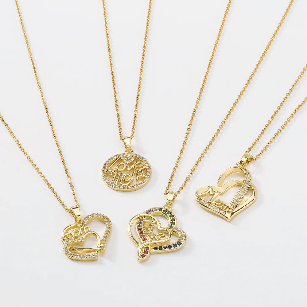 

Europe Design 18K Gold Plated Geometric Love Heart Necklace Colorful Zircon Mom Letter Heart Necklace