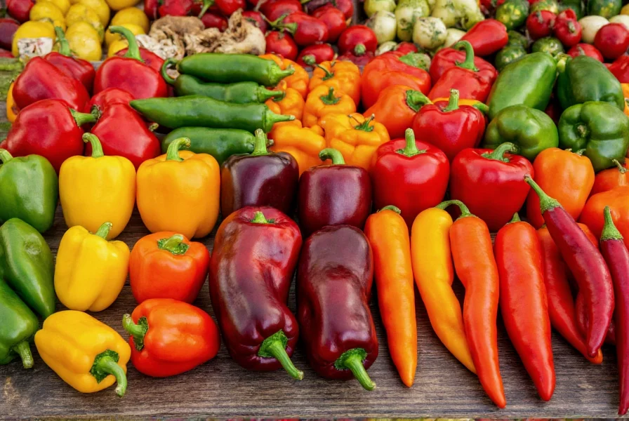 Colorful array of fresh pepper varieties showing red, yellow, orange, and purple bell peppers alongside jalapeños, habaneros, and ghost peppers on wooden table