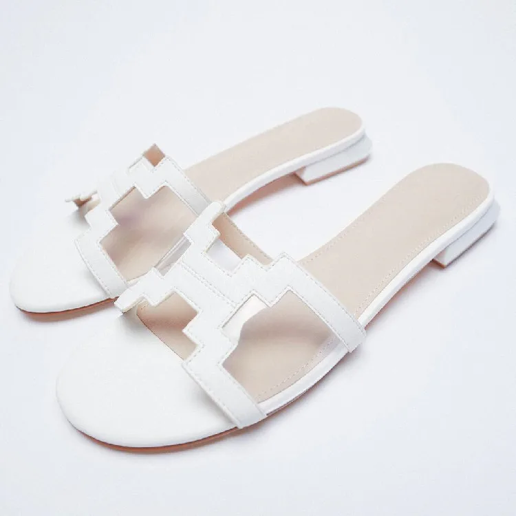 

High recommend classy women slippers open toe lady flats mules outer wear summer fashion simple female slides in white