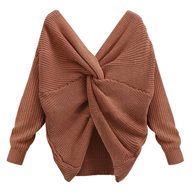 

Custom Spring Ladies Twisted Back Womens Jumpers Pullovers Long Sleeve Knitted Brown Color Sweaters, Customized color