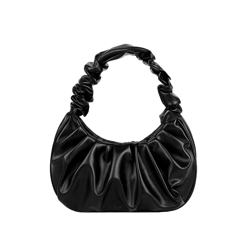 

New Women Pleated Pu Leather Cloud Bag Ins Pure Color Soft Leather Curly Handbag