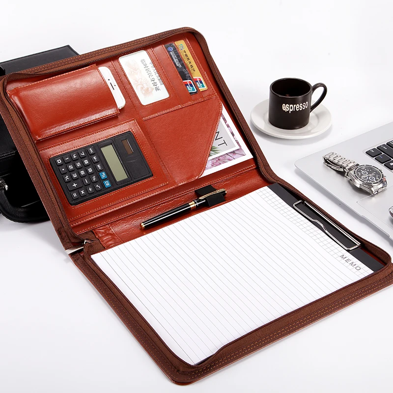 A4 Size PU Leather Cover File Folder Bag with Zipper with logo A4 Leather Portfolio File Folder with A4 Notes