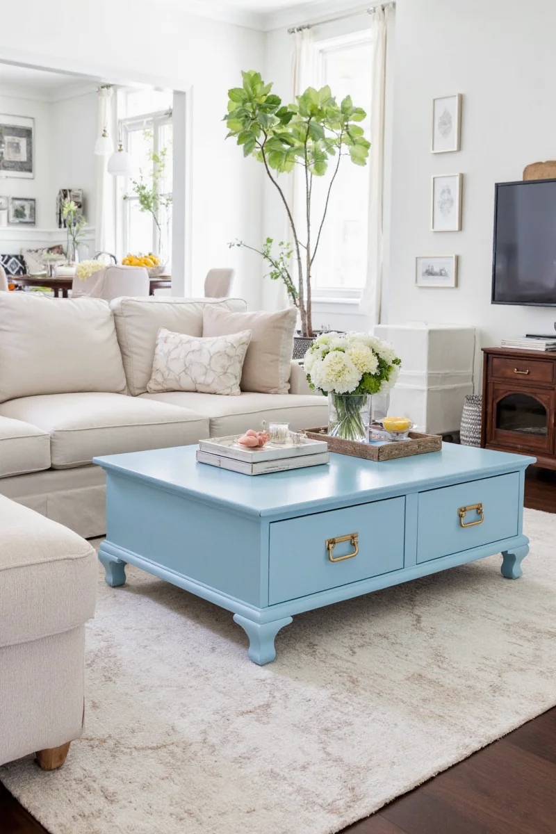 A light blue coffee table styled with coasters, a plant, and decorative objects.