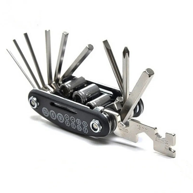

Portable Bike Accessory 16 In 1 Multifunction Steel Bike Fix Tools Complete Metal Bike Repair Kit Practical Bicycle Repair Tools, Black