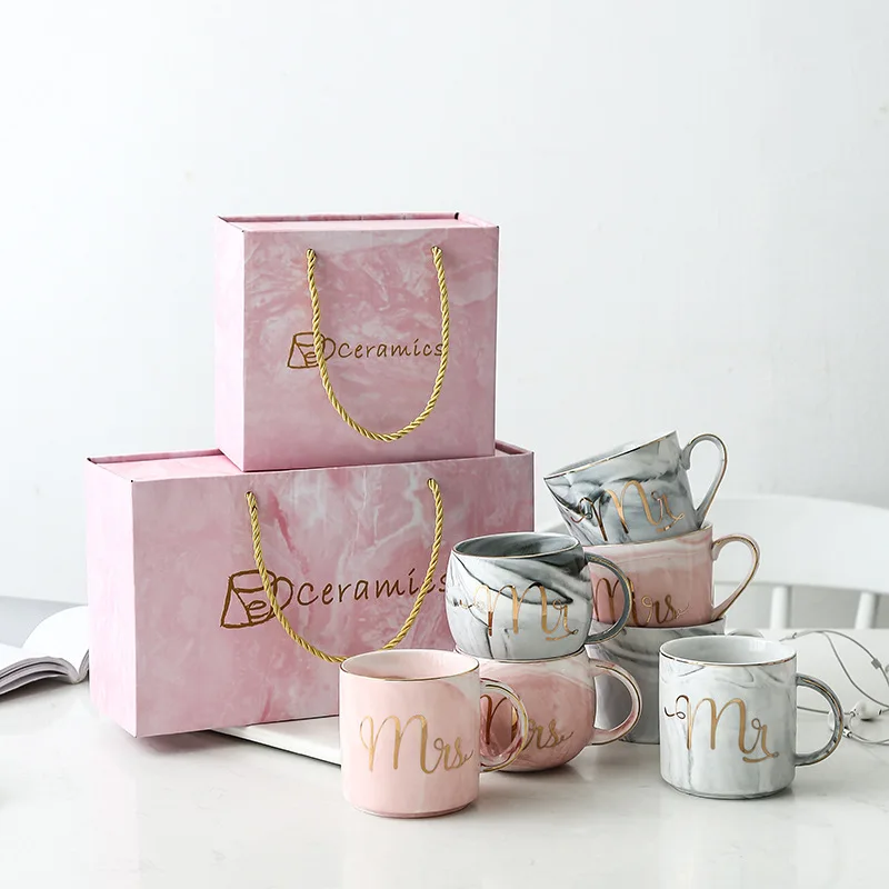 

Luxury Pink Gold Mr Mrs Ceramic Marble Coffee Wedding Bridal Couples Lover's Gifts Mug Porcelain Milk Tea Breakfast Cup, Pink gray