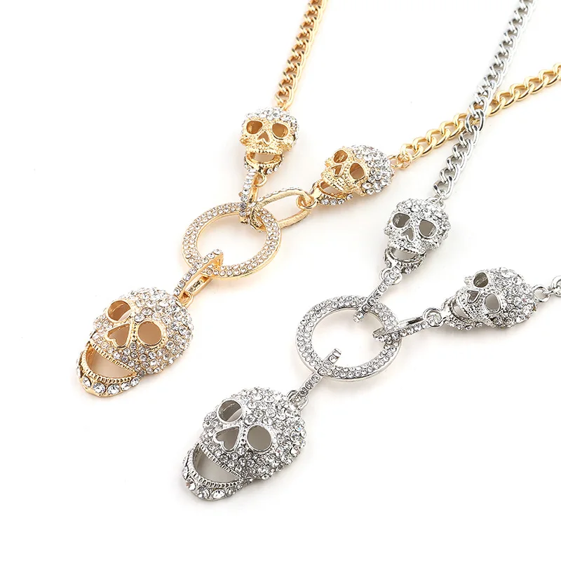 

19N102013 Wholesale Creative Gold Plated Halloween Necklace Silver Crystal Diamond Hollow Skelton Skull Necklace, As picture show