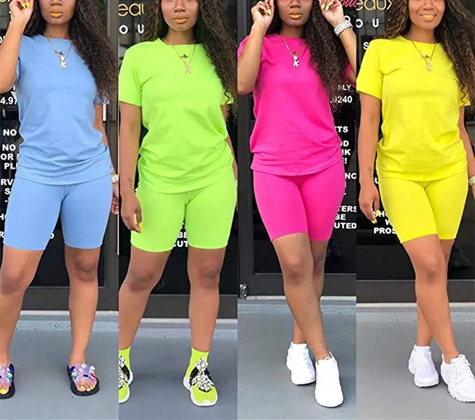 

2021 Women's 2 Piece Casual Fashion Sports Solid Color Suit short Sleeve Top And Pants Shorts Set Sweatshirt, Customized color