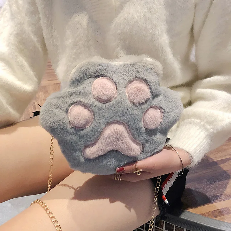 

Factory direct winter fashion small cat paw fluffy faux fur kids purse cute mini shoulder bag, Customized color