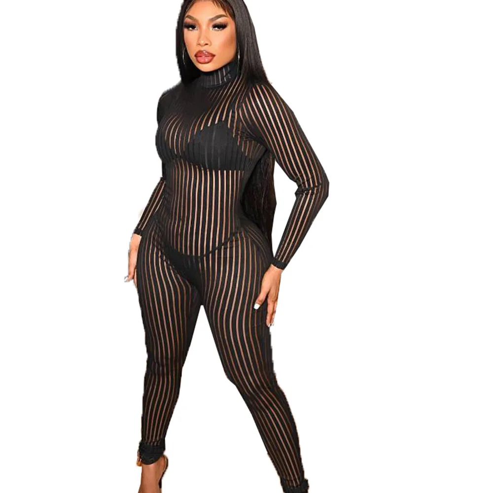

see through sexy womens playsuit long sleeve mesh sheer jumpsuit wholesale fashion long sleeve striped bandage women jumpsuits