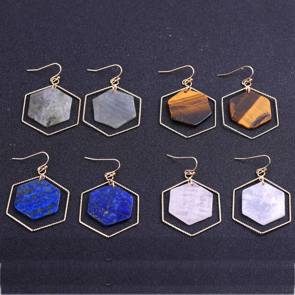 

Geometric Drop Earrings for Women Natural Crystal Stones Hexagon Quartz Pierced Dangle Ear Jewelry, Gold