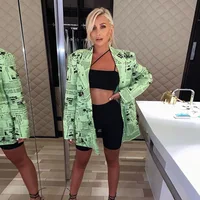 

1688 agent New Arrival autumn fashion green printed lady oversized long blazer suit