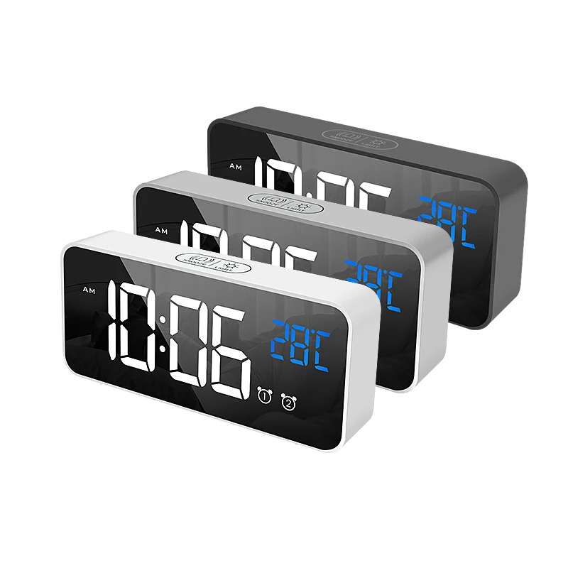 

LED Digital Alarm Clock, F-8808 USB Charging Mirror Clock with Adjustable Brightness & Volume 25 Music for Home Bedroom Office, White, black, sliver