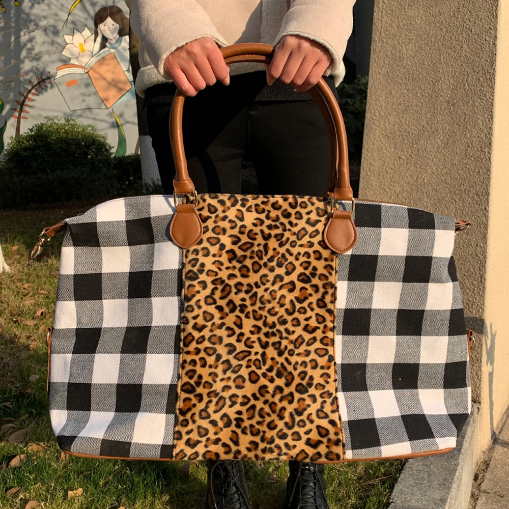 

Wholesale Trendy Leopard White Plaid Women Weekend Travel Bag Lady Large Canvas Duffel Tote Bag Monogram Overnight Bag For Girl, Serape&leopard,leopard,rainbow,sunflower,etc.