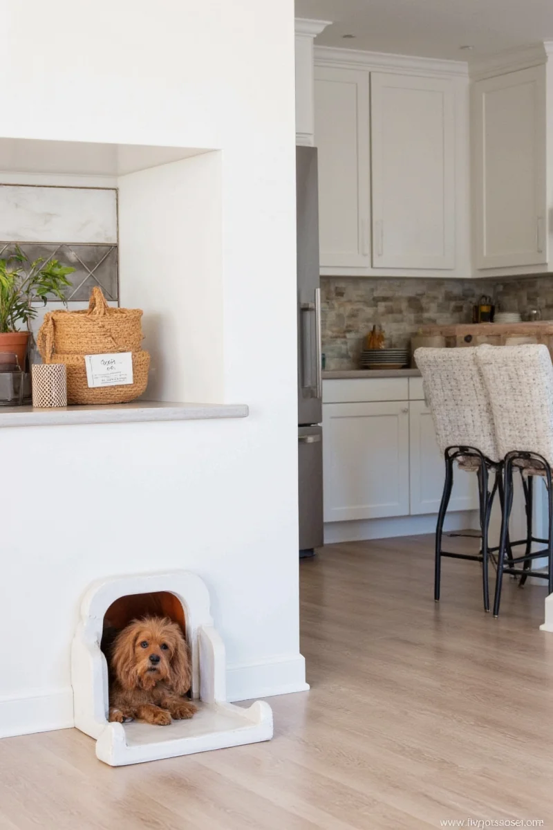 A custom-built window seat filled with a soft dog bed. Ideal for small spaces and perfect for dogs who love sunlight.