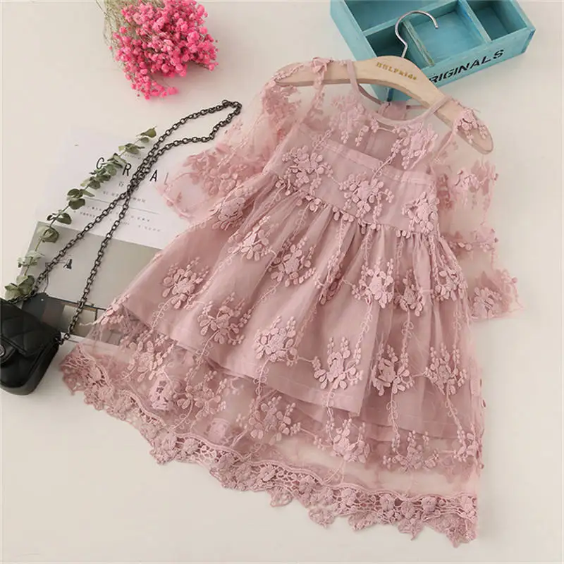 

Zhejiang Factory Manufacture Flower Girl's Wedding Dress Lace Short Sleeve Tulle Summer Vintage Dresses for Little Girls Clothes, Pink white