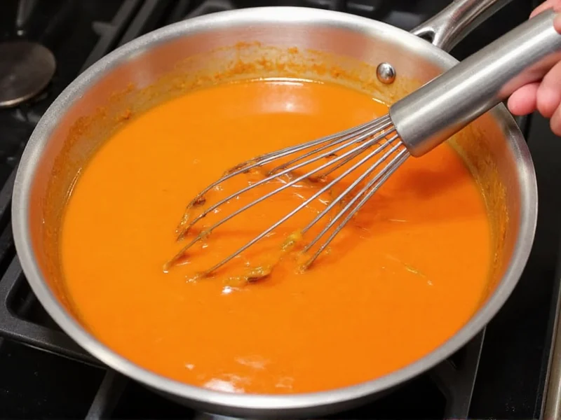 Whisking homemade buffalo sauce in stainless steel pan