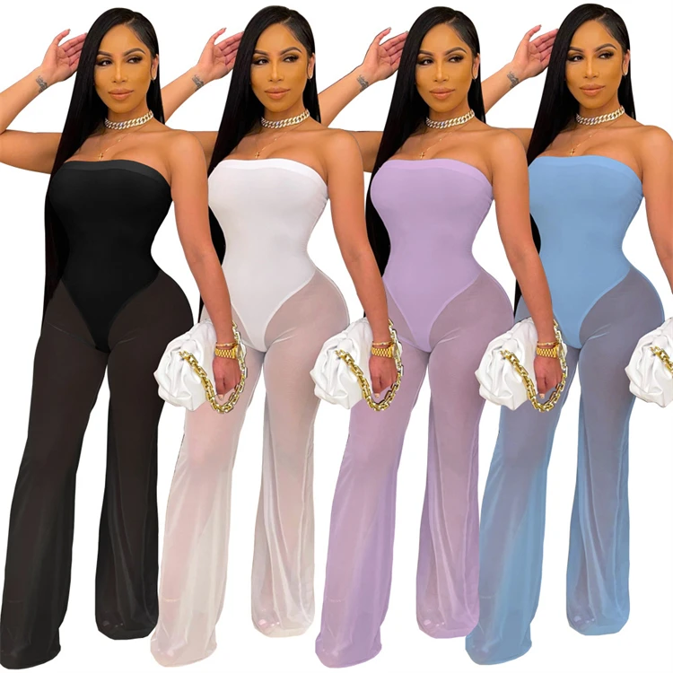 

DUODUOCOLOR Summer fashion sexy solid color see through gauze pants sleeveless jumpsuit 2021 stylish clothes D10185, White, black, light purple, light blue
