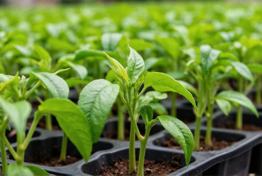 Close-up of healthy pepper seedlings growing in seed trays with proper spacing and lighting conditions