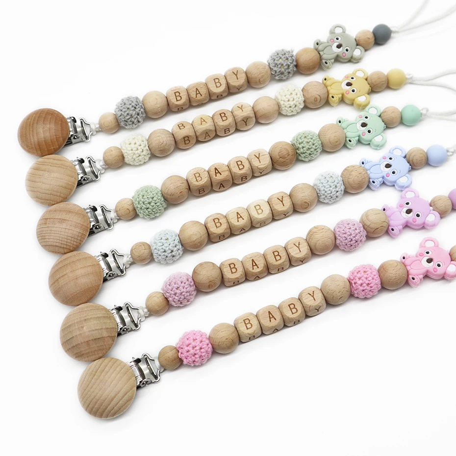 

ecofriendly baby dummy chain teether holder silicone feeding teething ring letter crochet bead wood pacifier clip, 56 colors and 26 letters