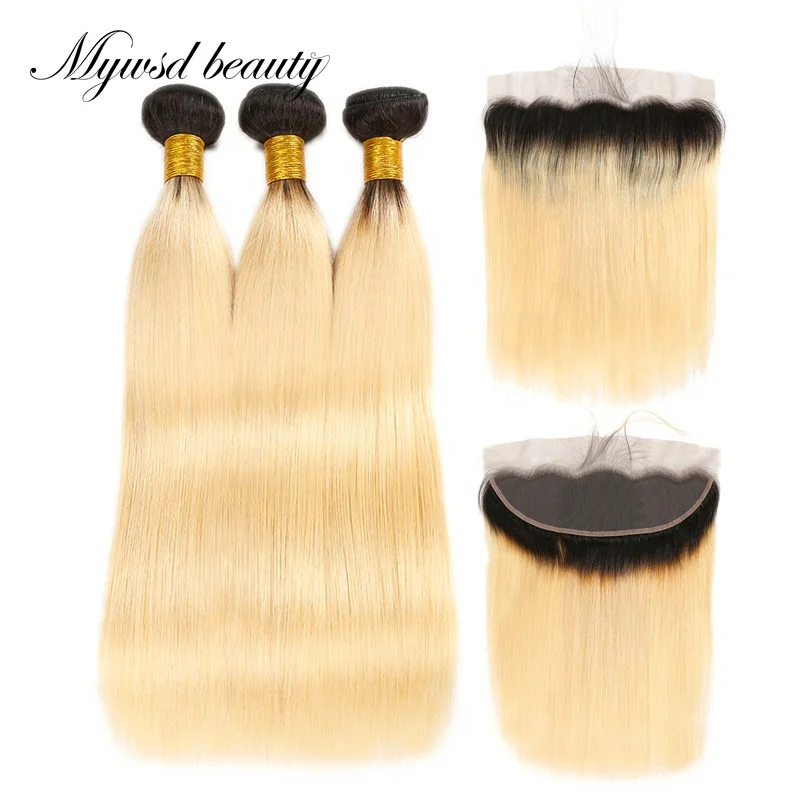 

Russian Ombre Blonde Straight Human Hair Bundles with Frontal, 1b/613