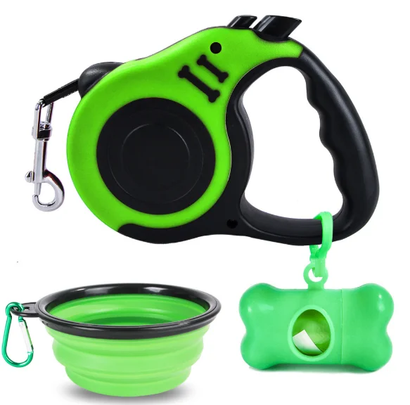 

Automatic Retractable Dog Leash with Collapsible Dog Bowl Dog Pet Waste Poop Bags Set for Outdoor Travel, Green, blue