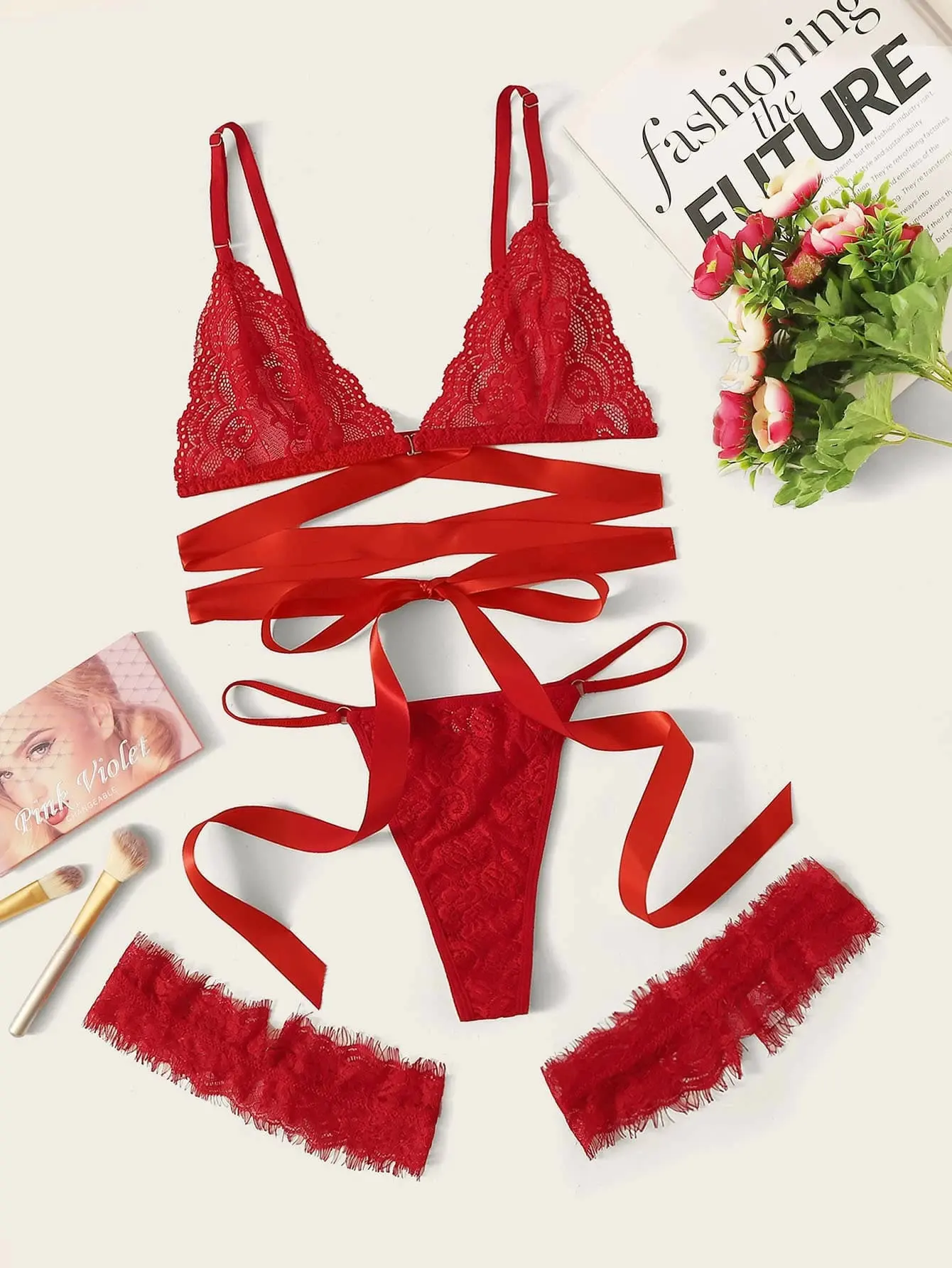 Sexy Lace Bra And Panty Sets Embroidery No Steel Ring Bandage Fishing Net Charming Transparent