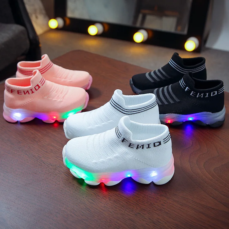 

New boys and girls LED luminous shoes flying knitting sneakers over-foot shoes luminous socks shoes, As shown