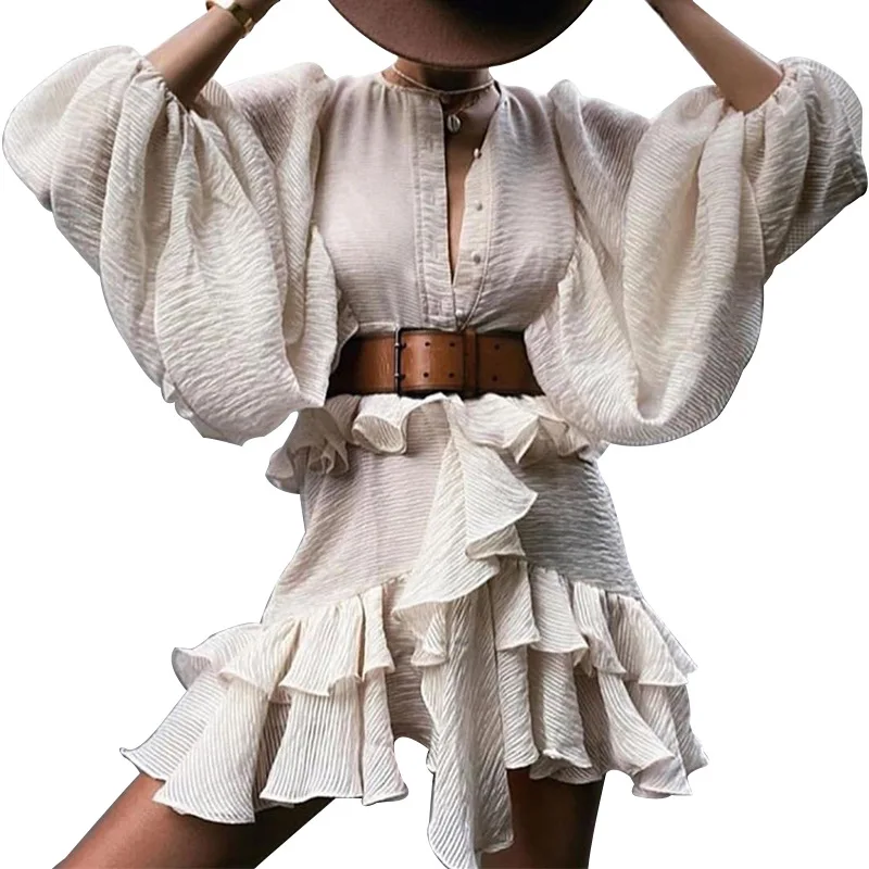 

Lantern Sleeve Dress Early Autumn European And American Women'S Lantern Sleeve Ruffled Waist Slimming Dress XQM
