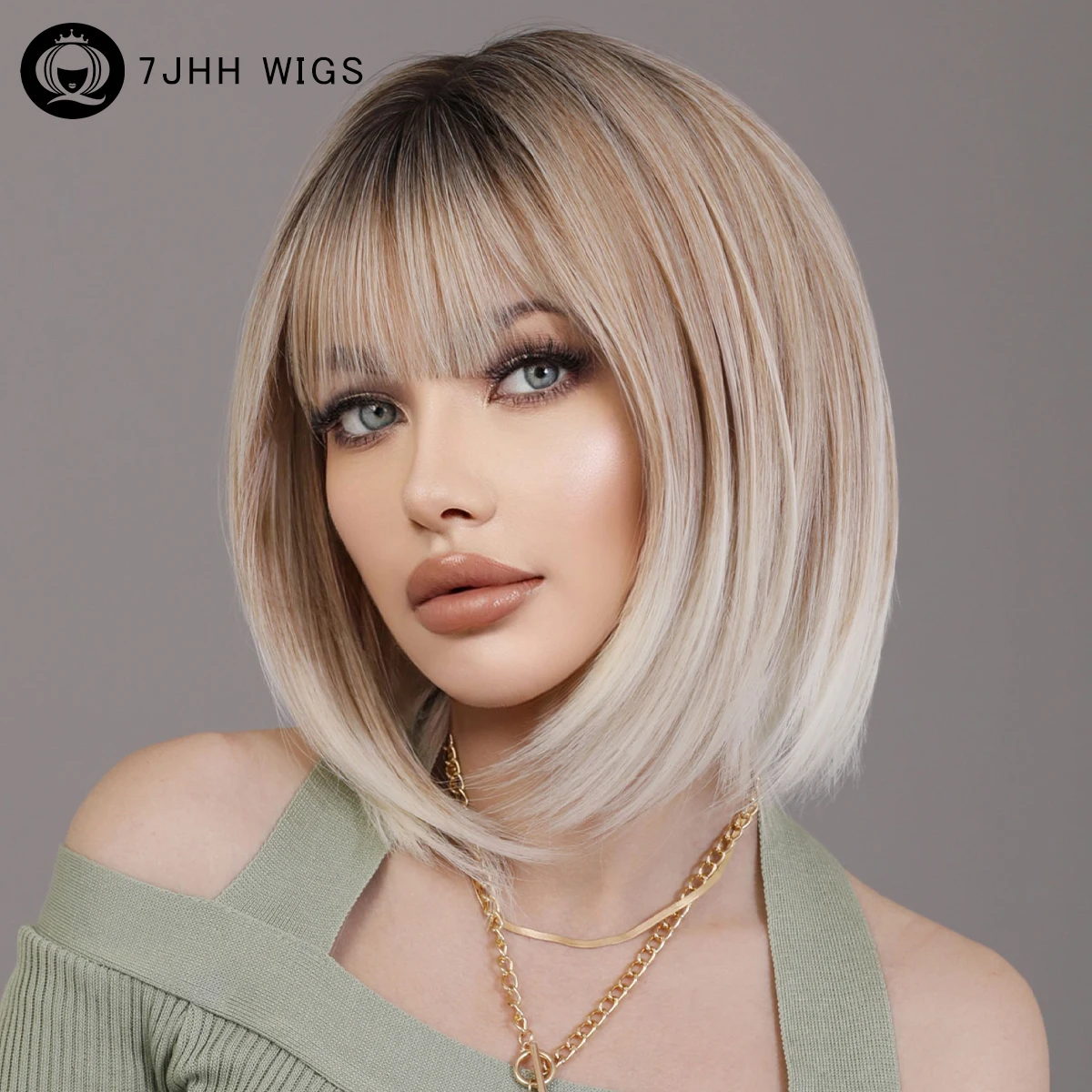 

Blonde Bob Wig with BangSynthetic Hair Bob Blonde Wigs for Women Ombre Blonde Bob Shoulder Length Straight Wig for Women