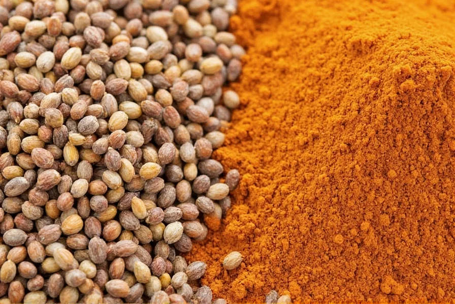Close-up photograph of cumin seeds and ground cumin powder showing texture and color differences