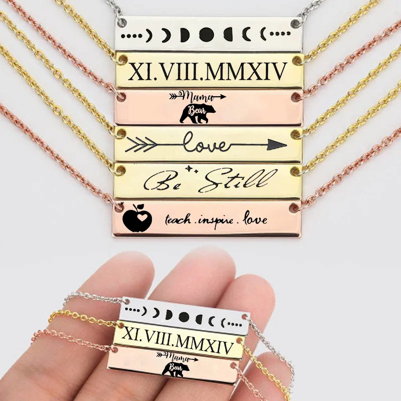 

Stainless Steel Silver Rose Gold Black 18K Gold Plated Customize Name Date Message Logo Pendant Bar Necklace, Multi-colors/accept custom colors