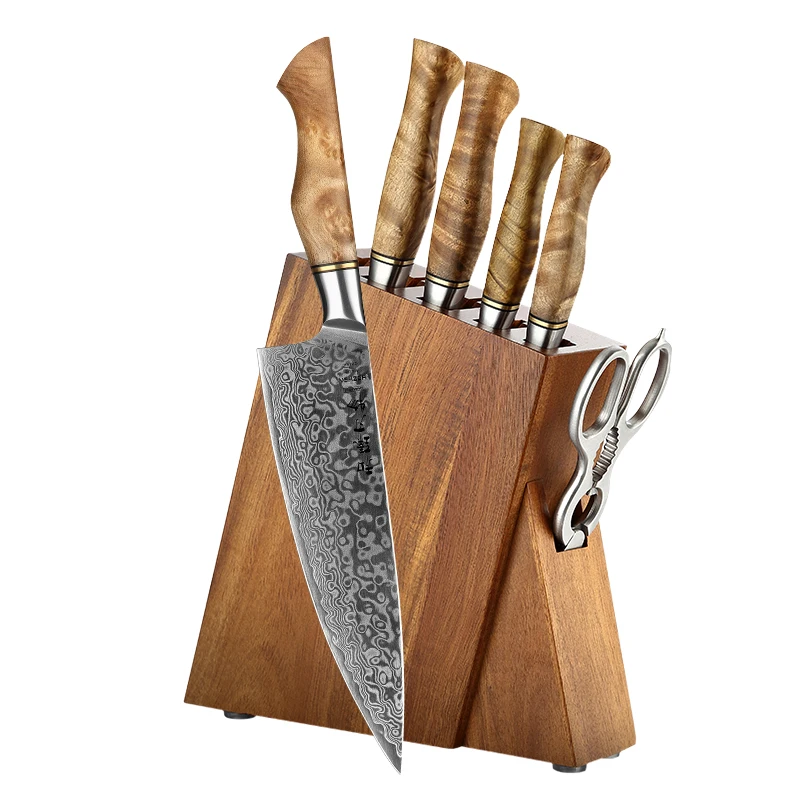 

Hot sale 7PCS 67 Layers Janpan Damascus Steel Kitchen Chef Knife with Acacia Wood Knives Holder Scissor Set