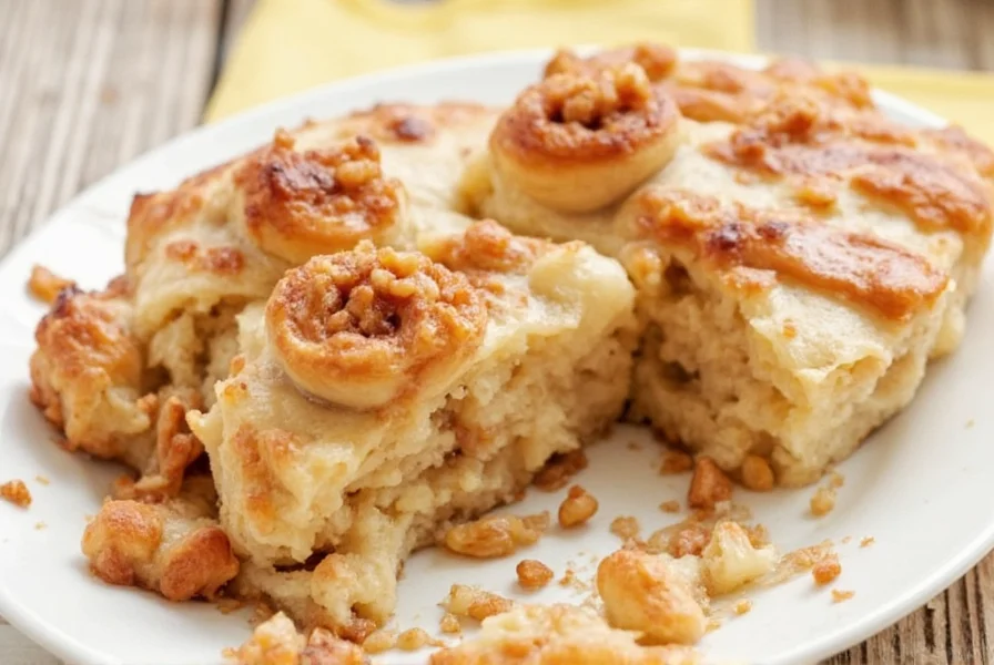 Finished cinnamon roll apple pie with cream cheese icing drizzled on top, showing distinct cinnamon swirl layers