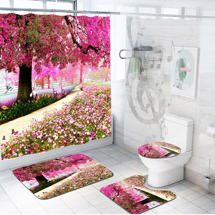 

Custom Brand Logo Waterproof Bathroom 3D Print 4PCS Bath Mat Shower Curtain Sets