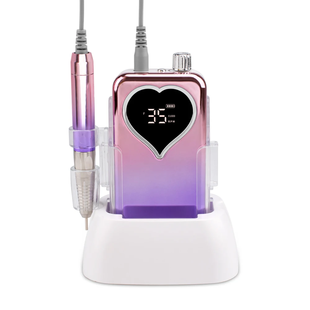 

Unique Gradient Purple 85W Brushless Electric Nail drill Machine Portable Rechargeable dock Patented Design Heart-shape LCD