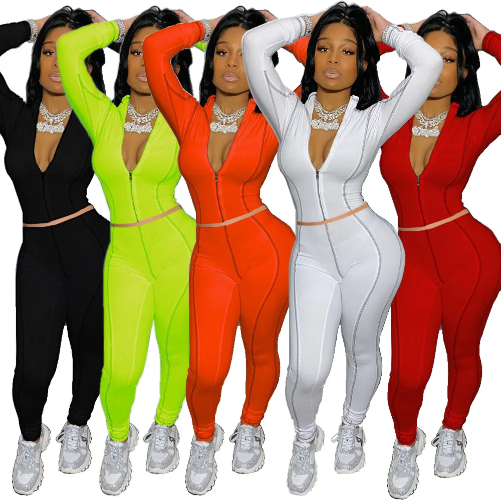 

New solid color Long Sleeve sports leggings sets weatsuit women's Clothing two piece set, Picture color