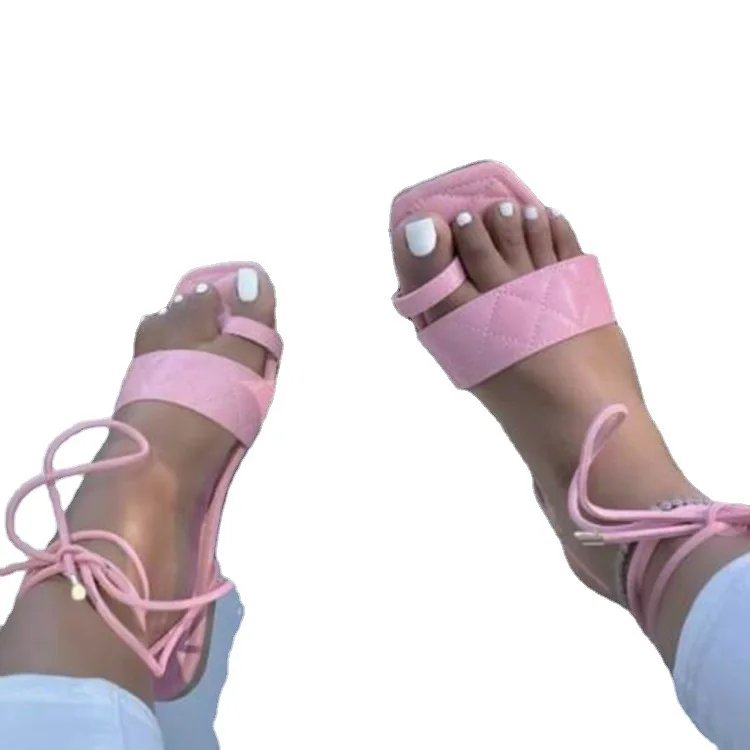 

Ins 2021 Women's Summer Sandals Shoes Lace Up Flat Beach Strap Bandage Slide Slippers Sandals For Women